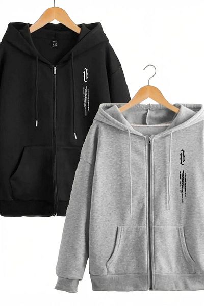 pandy 2 Συσκευασία κάθετη στάμπα Unisex με κουκούλα καγκουρό με τσέπη Oversize εποχιακή φούτερ με φερμουάρ / ζακέτα