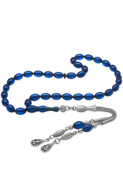Tesbihane Non-Tarnish Metal Water Drop Tasseled Barley Cut Dark Blue Crimped Amber Prayer Beads