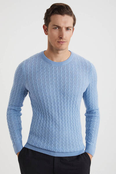 Hemington Saç Örgü Desen Lambswool Buz Mavisi Kazak