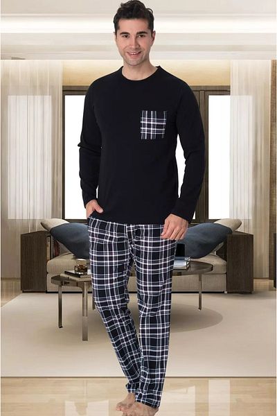 Mecit Pijama Βαμβακερό, εποχιακό, καρό σχέδιο, λεπτομέρεια τσέπης, μακρυμάνικο σετ ανδρικής πιτζάμα
