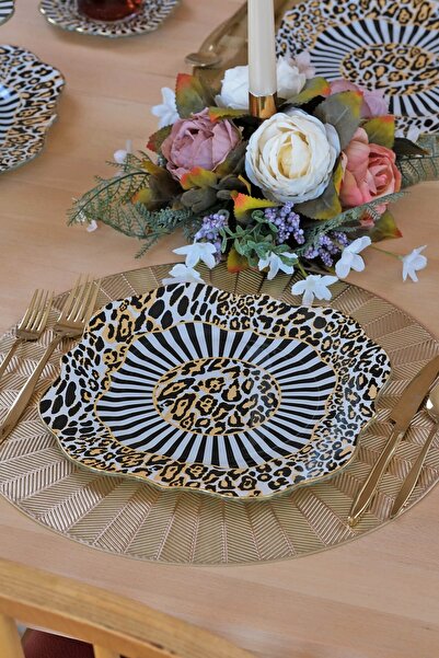 Glore Leopard Altın Yaldızlı 6 Kişilik 34 Parça Pasta Servis Takımı