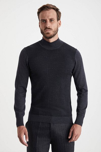 Hemington Patterned Half Turtleneck Merino Wool Anthracite Knitwear