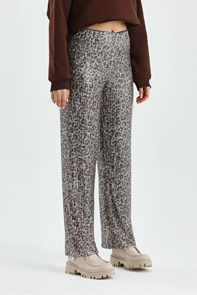 soBasic Lastikli Yüksek Bel İçi Astarlı Pullu Kumaş Bol Paça Pantolon-M - Leopar