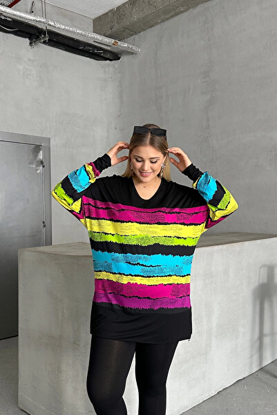 Stil Diva Μακρυμάνικη μπλούζα με ριγέ V λαιμόκοψη με σκισίματα στα πλαϊνά302014