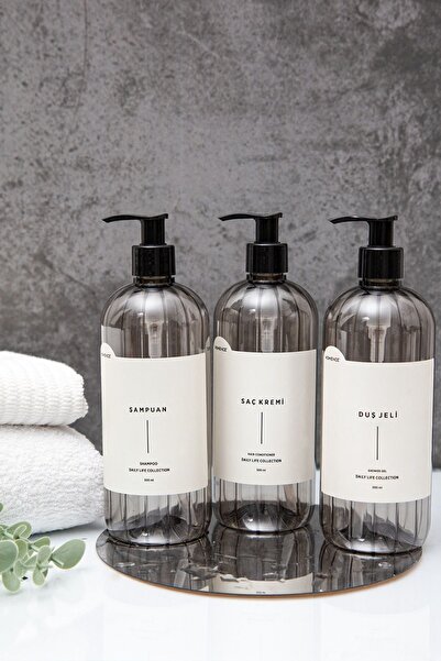 homence 3'lü Şampuan Duş Jeli Saç Kremi Etiketli Plastik Şişe Banyo Seti Füme Sabunluk 500 ml