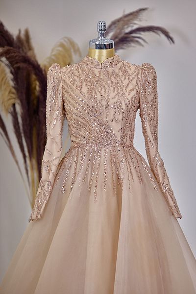Surikka Mila Evening Dress with Front Draped Applique Embroidery - Gold