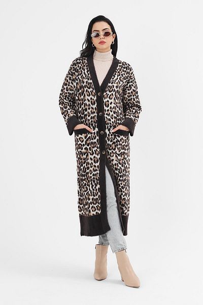 Uludağ Triko Cardigan lung de damă cu model leopard negru