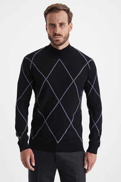 Hemington Argyle Patterned Half Turtleneck Merino Wool Black Knitwear