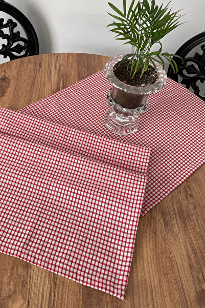 KAMİZ Red Gingham Linen Runner 40X150 cm
