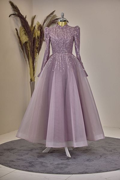 Surikka Lilac Mila Evening Dress - Draped Front and Embroidered Appliques