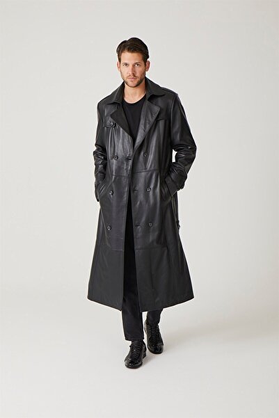 Deriderim Black Matrix Double Breasted Trench Coat - Men's Genuine Leather Coat with Button Closure, Slit and Belt