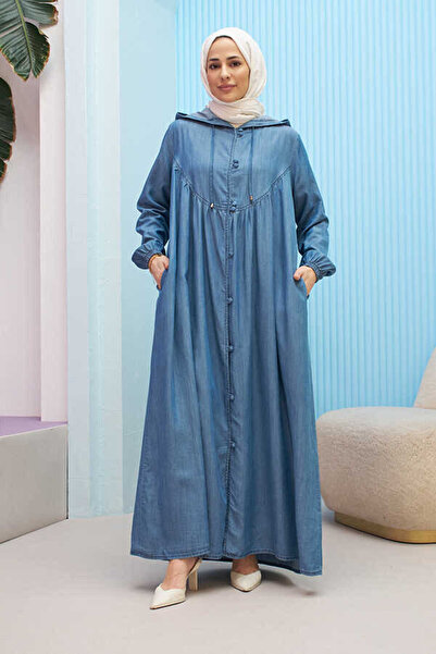 Neways 6635-Brit Düğmeli Denim Ferace Koyu Mavi