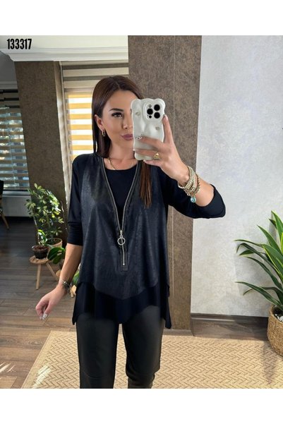 DRESSIFY WOMEN’S FASHION Set de două piese pentru femei: vestă din piele cu fermoar și bluză din viscoză cu mâneci lungi și croială asimetrică
