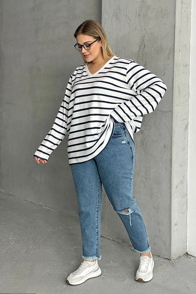 Stil Diva Large Size Long Sleeve Striped Seasonal T-Shirt Sd-1063
