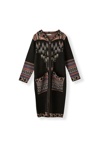 Uludağ Triko Cardigan lung de tricotaj cu fermoar cu model de dama neagra pentru femei