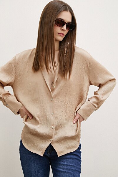 Never more Kraşlı Saten Gömlek Vizon