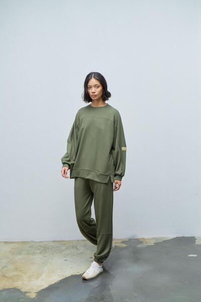 Basicpark Khaki Women's Jogger Pants and Sleeves Label Detailed Modal Bottom Top Set