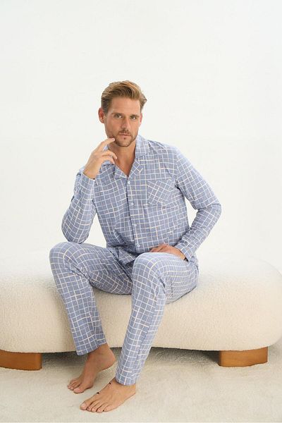 Sevim Men's Long Sleeve Shirt Collar Front Button 100% Cotton Blue Pajamas Suit 9522