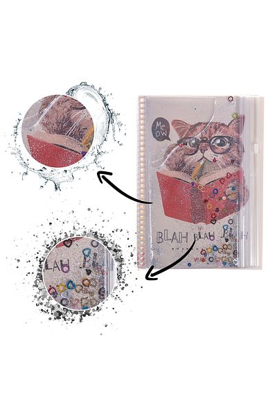 VUKİ A5 Notebook with Cat Glitter and Watery Cover with Pencil Case