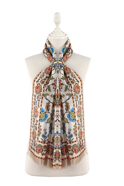 Bursa İpek Beige Lilies Pattern Voile Silk Scarf