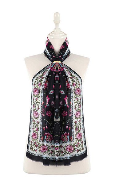 Bursa İpek Navy Blue Lilies Pattern Voile Silk Scarf
