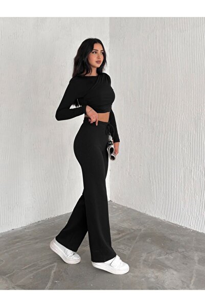 Gugus Γυναικείο παντελόνι με φαρδύ πόδι με φλις εσωτερικά, φαρδύ πόδι, μαύρο