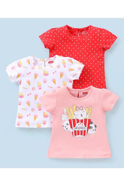 Babyhug تي شيرتات قطنية 100% بأكمام نصفية مطبوعة بنقاط البولكا، عبوة من 3 قطع - وردي وأبيض