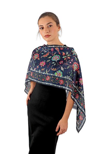 Bursa İpek Navy Blue Lilies Pattern Voile Silk Scarf