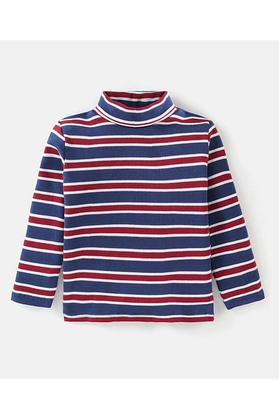Babyhug Babyhug 100% Cotton Knit Full Sleeves Turtle Neck Tee with Stripes Design - Navy Blue & Red
