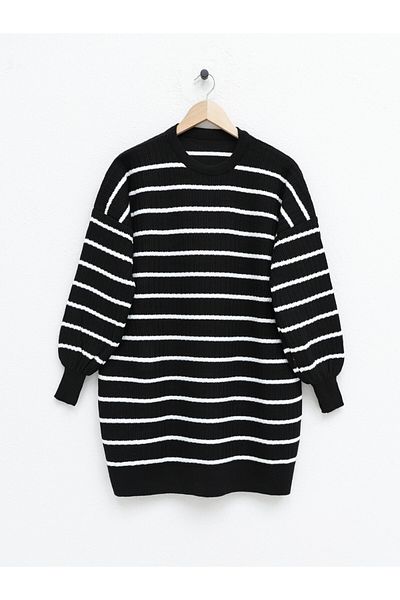 Modamorfo Crew Neck Ribbed Knitwear Tunic -Black