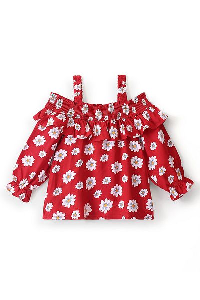 Babyhug بلوزة Babyhug Rayon Woven Off Shoulder بأكمام طويلة وطبعات زهور وتفاصيل كشكش - أحمر