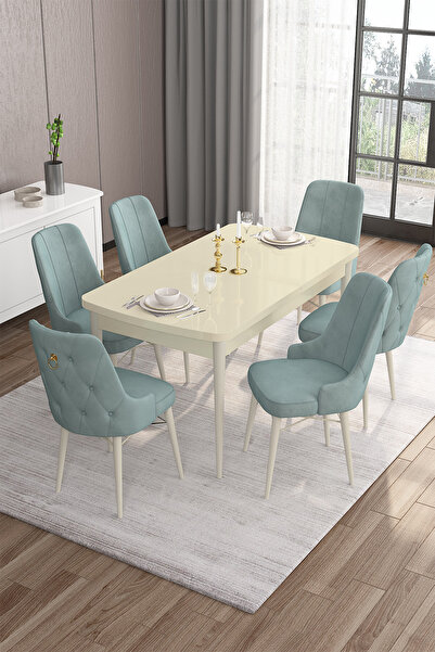 Canisa Are Serisi 80x132 Mdf Açılabilir Krem Masa Takımı Ve 6 Su Yeşili Sandalye
