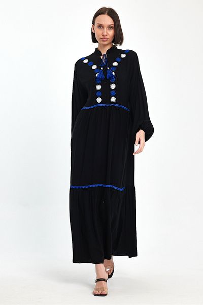 Denismoda Rochie din viscoza brodata cu guler judecator - Maneca cu balon cu siret