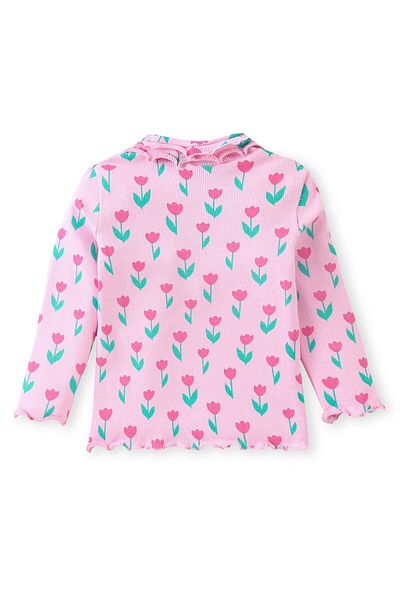 Babyhug Babyhug Cotton Knit Full Sleeves Skivi Top with Lettuce Hem Detailing & Floral Print - Pink