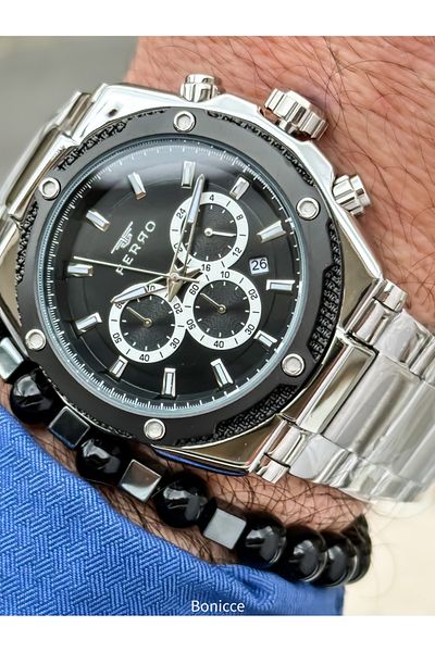 FERRO Brand Steel Band, Silver Color, Brown Dial Men's Wrist Watch + Bracelet Gift