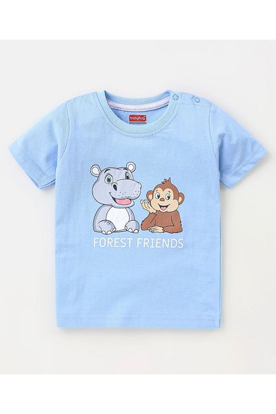 Babyhug تي شيرت قطني جيرسي بأكمام قصيرة وخطوط وطبعات حيوانية - عبوة من 3 قطع - أصفر وأزرق