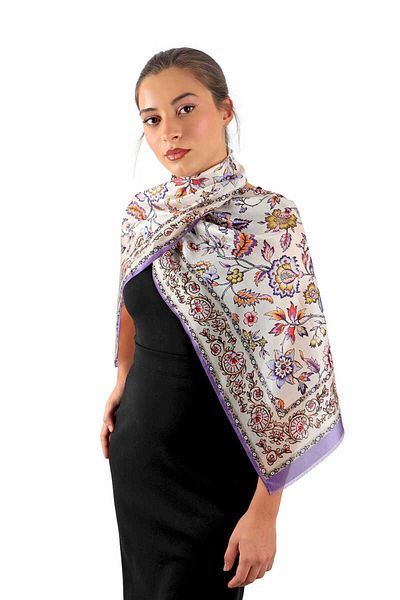 Bursa İpek Lilac Lilyum Pattern Voile Silk Scarf