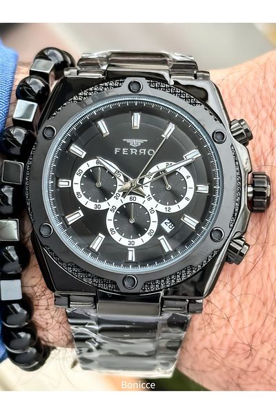 FERRO Brand Steel Band, Silver Color, Brown Dial Men's Wrist Watch + Bracelet Gift