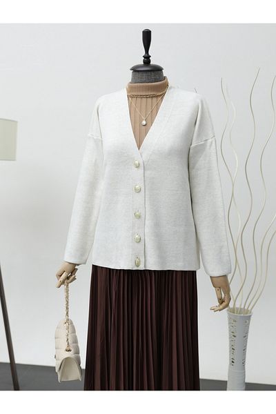 Modamorfo Cream Color Metal Buttoned Knitwear Cardigan