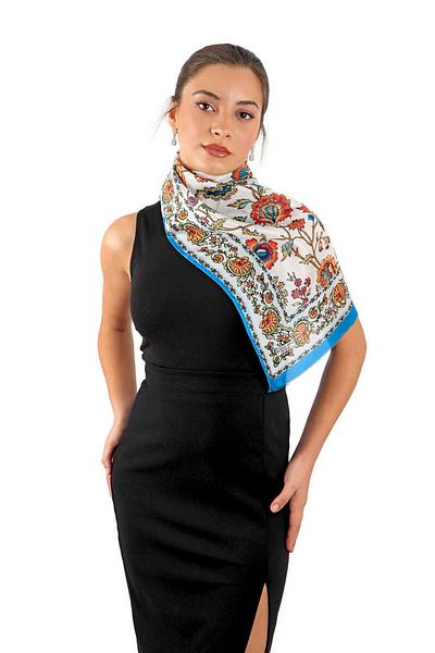 Bursa İpek Turquoise Lilies Pattern Voile Silk Scarf