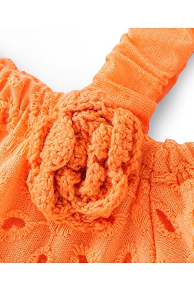 Babyhug Babyhug Cotton Half Sleeve Schiffli Top With Bow Applique - Orange