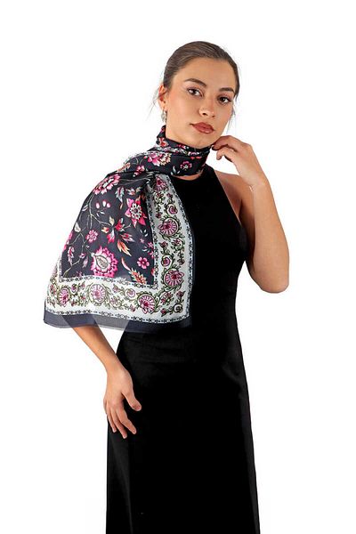 Bursa İpek Navy Blue Lilies Pattern Voile Silk Scarf