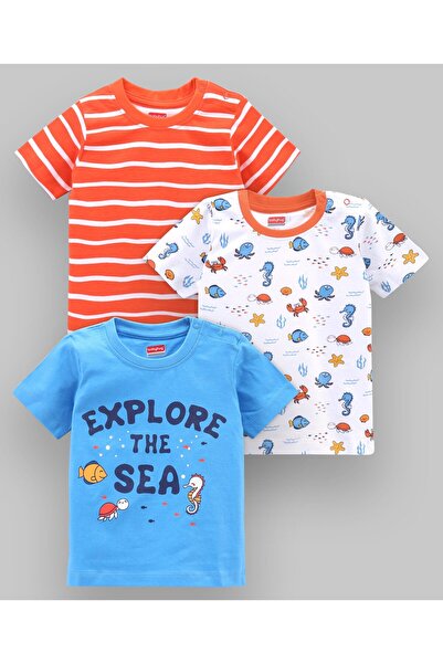 Babyhug Half Sleeves Tees Sea Animals Print Pack of 3 - Orange Sky Blue White