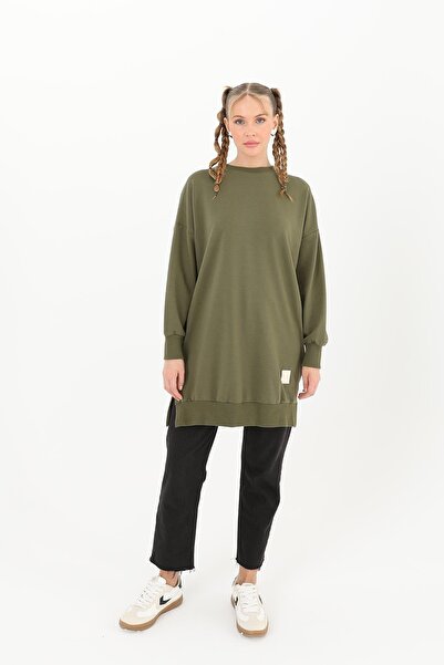 Soul تونيك نسائي أساسي بتفاصيل شق مضلع - 30644TUN - كاكي