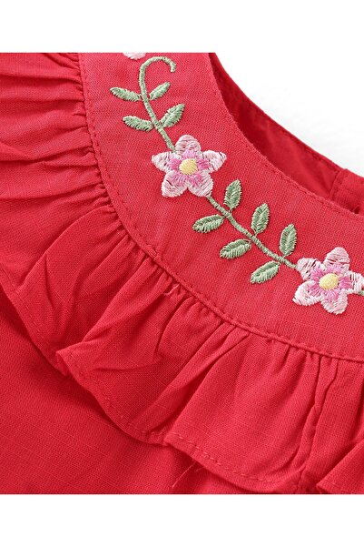 Babyhug Babyhug Slub Rayon Full Sleeves Top With Floral Embroidery & Frill Detailing - Red