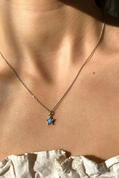 Spossy Silver Jewelry 925 Ayar Gümüş, Silver, Açık Mavi Opal Taşlı Minimal Yı...