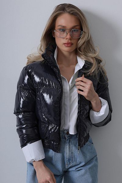 Le Savu Shılsee Women's Navy Blue Leather Quilted Puffer Crop Coat