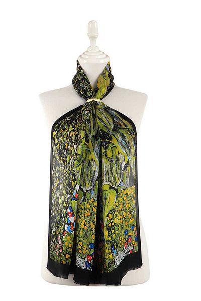 Bursa İpek Green Sunflower Silk Painting Scarf