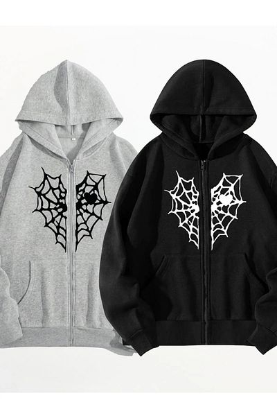 pandy 2-Piece Heart Spider Web Printed Unisex Hooded Kangaroo Pocket Oversize Zip-Up Sweatshirt / Cardigan
