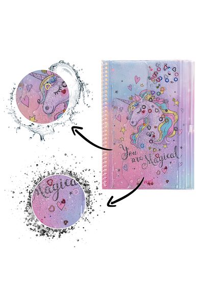 VUKİ Σημειωματάριο A5 με μολυβοθήκη Unicorn Glitter και Watercolor Cover